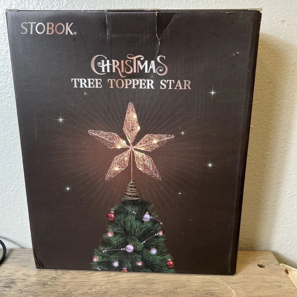 Stobok‎ Lighted Christmas Tree Topper Star Rose Gold Warm White LED Battery 12